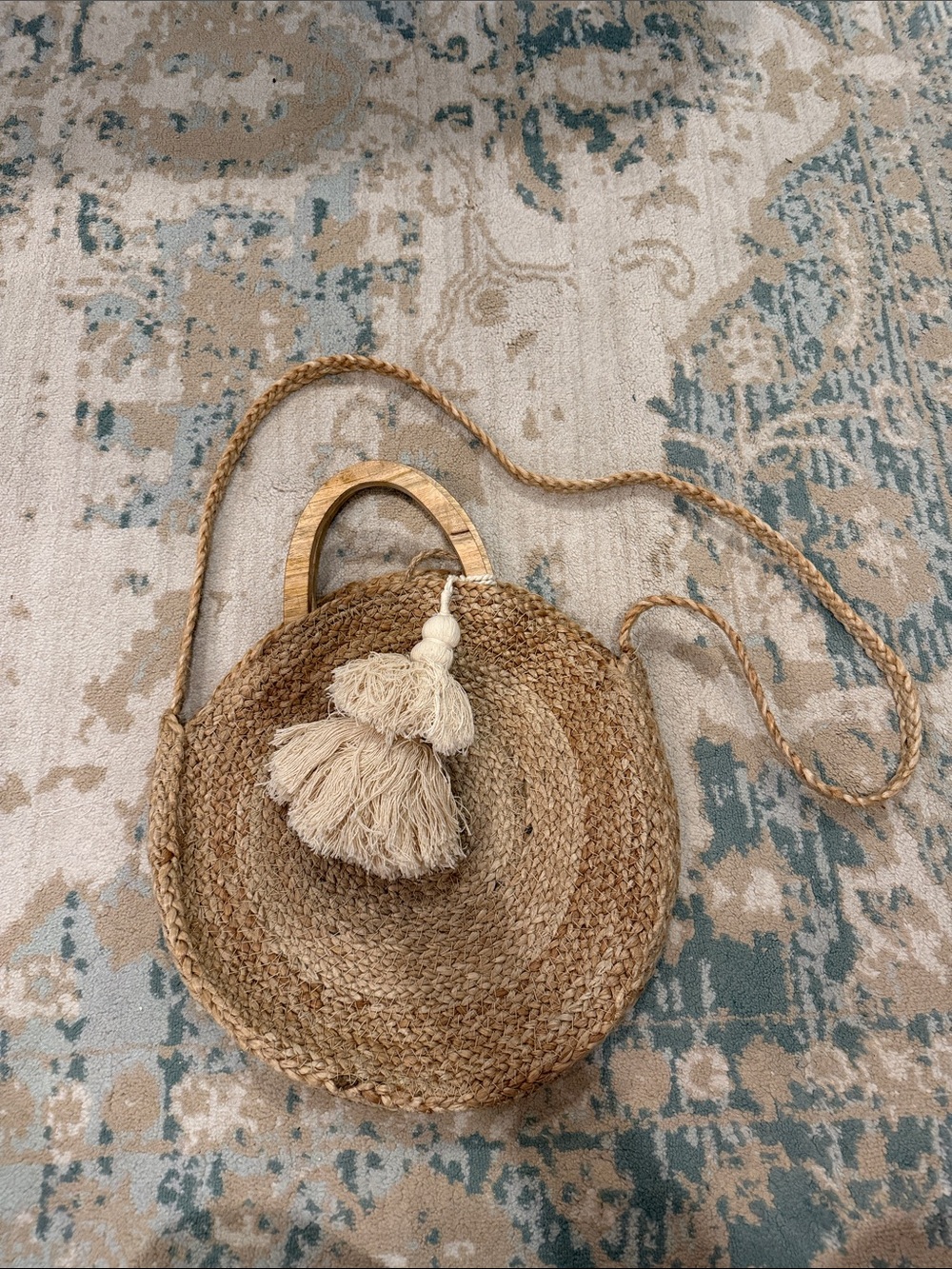 Zara Round Woven Straw Crossbody Bag in Natural Brown with Cream Tassel